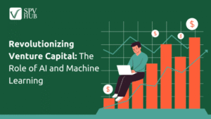 llustration of a person using a laptop with bar charts and dollar icons in the background, representing the role of AI and machine learning in revolutionizing venture capital.